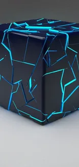 Futuristic blue cube with neon lines on a dark wallpaper.