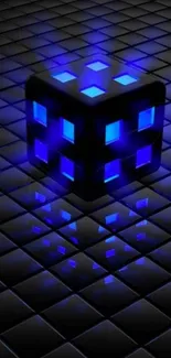 Futuristic glowing blue cube on black grid background.