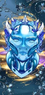 Futuristic blue cyber face with glowing patterns.