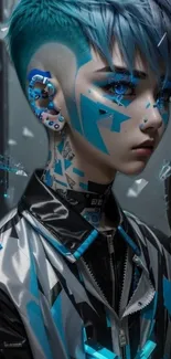 Futuristic cyberpunk character in blue tones with geometric patterns.