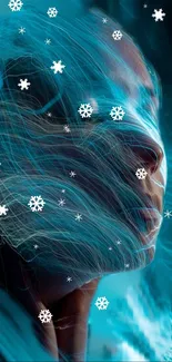 Futuristic digital art with blue hues and snowflakes for mobile wallpaper.