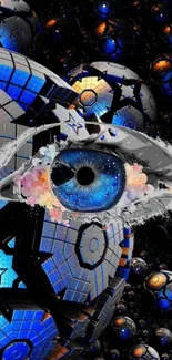 Futuristic digital artwork with a blue eye and geometric patterns.