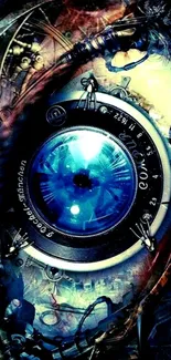 Futuristic steampunk clock with blue eye design.