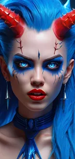 Futuristic fantasy art with blue horns and vibrant colors.