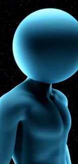 Futuristic blue human-like figure with a round head against a starry background.