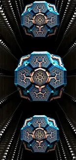 Futuristic geometric blue shapes with metallic accents on a dark background.