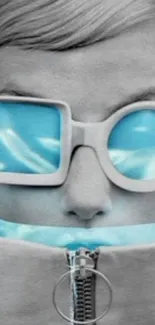 Grayscale face with striking blue glasses in futuristic style.