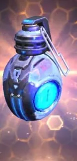 Futuristic blue grenade with glowing hexagonal background.