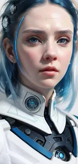 Futuristic android woman with blue hair in sci-fi attire.