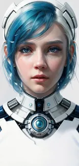 Futuristic android with blue hair, perfect for mobile wallpaper.