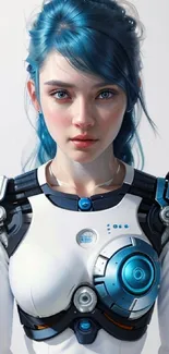 Futuristic blue-haired girl in robotic armor with vibrant colors.