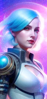 Futuristic warrior with blue hair and cosmic background.