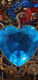 Futuristic blue heart with steampunk elements on mobile wallpaper.