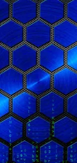 Futuristic mobile wallpaper with blue hexagon pattern and digital elements.