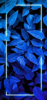 Neon blue leaves with geometric frame design on mobile wallpaper.