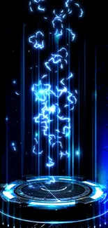 Futuristic blue hologram wallpaper with glowing light beams.