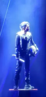 Person in futuristic attire with blue light background.