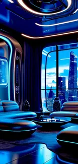 Futuristic lounge with neon blue hues and city skyline view.