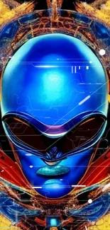 Futuristic blue mask art with vibrant patterns.