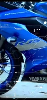 Futuristic blue motorbike design with digital elements.