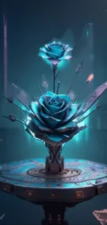 Futuristic wallpaper of blue neon rose on tech pedestal.