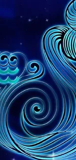 Futuristic neon blue swirls on a starry cosmic background wallpaper.