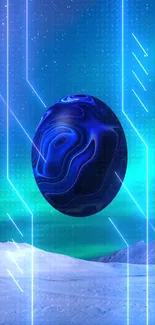 Futuristic wallpaper with blue orb on digital northern lights background.