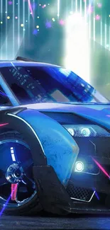 Futuristic blue racing car with vibrant lights.