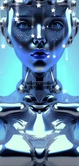 Futuristic blue robot art with reflective metallic design.