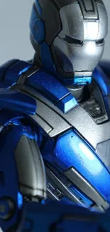 Futuristic blue and silver robot in close-up view.