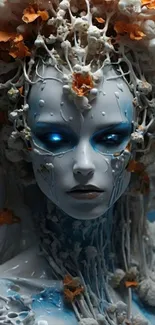 Futuristic robotic face with glowing blue eyes and organic elements.