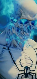 Futuristic skull with blue flames art wallpaper.