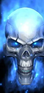 Blue glowing skull mobile wallpaper with dark background.