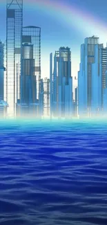 Futuristic skyline with blue ocean and rainbow backdrop.