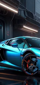 Futuristic blue sports car under city lights.