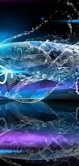 Futuristic blue sports car digital art wallpaper with neon and water effects.