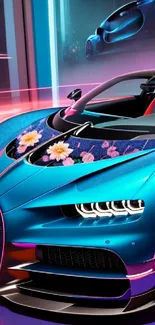 Futuristic sports car with floral design on a blue-themed wallpaper.