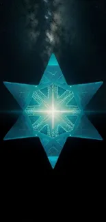 Futuristic blue star glowing in a cosmic background.