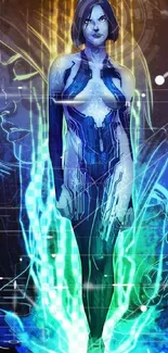 Futuristic digital female artwork in blue neon hues