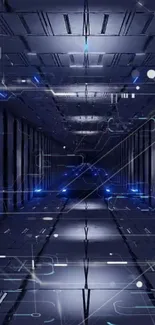 Futuristic corridor with blue lights in a digital tech design wallpaper.