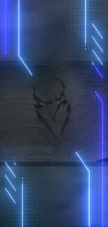 Futuristic blue neon design with an open book.