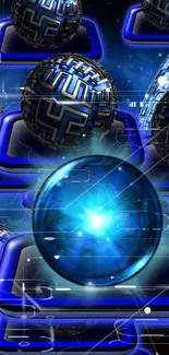 Futuristic blue tech spheres with digital patterns on a mobile wallpaper.