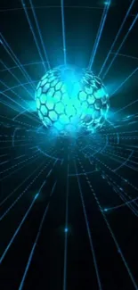 Futuristic blue sphere with glowing lines on black background.