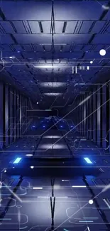 Futuristic blue tunnel with glowing digital lines.