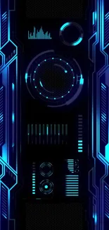 Futuristic blue tech wallpaper with glowing circuits and digital elements.