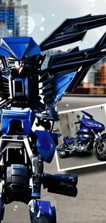 Futuristic transformer with motorcycle in city background.