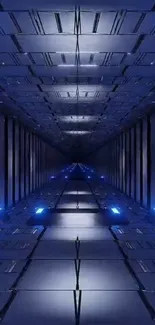 Futuristic blue tunnel with glowing lights.