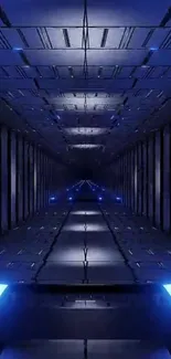 Futuristic blue tunnel with symmetrical design and vibrant lighting.