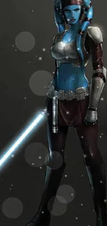 Blue-skinned sci-fi warrior with futuristic gear and a dynamic pose.