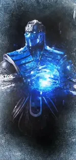 Futuristic armored warrior glowing in blue, set against a dynamic backdrop.